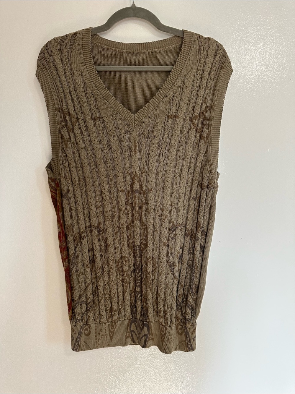Etro Pullover Cable Knit V-Neck Sweater Vest, Tan with Scroll Floral Print